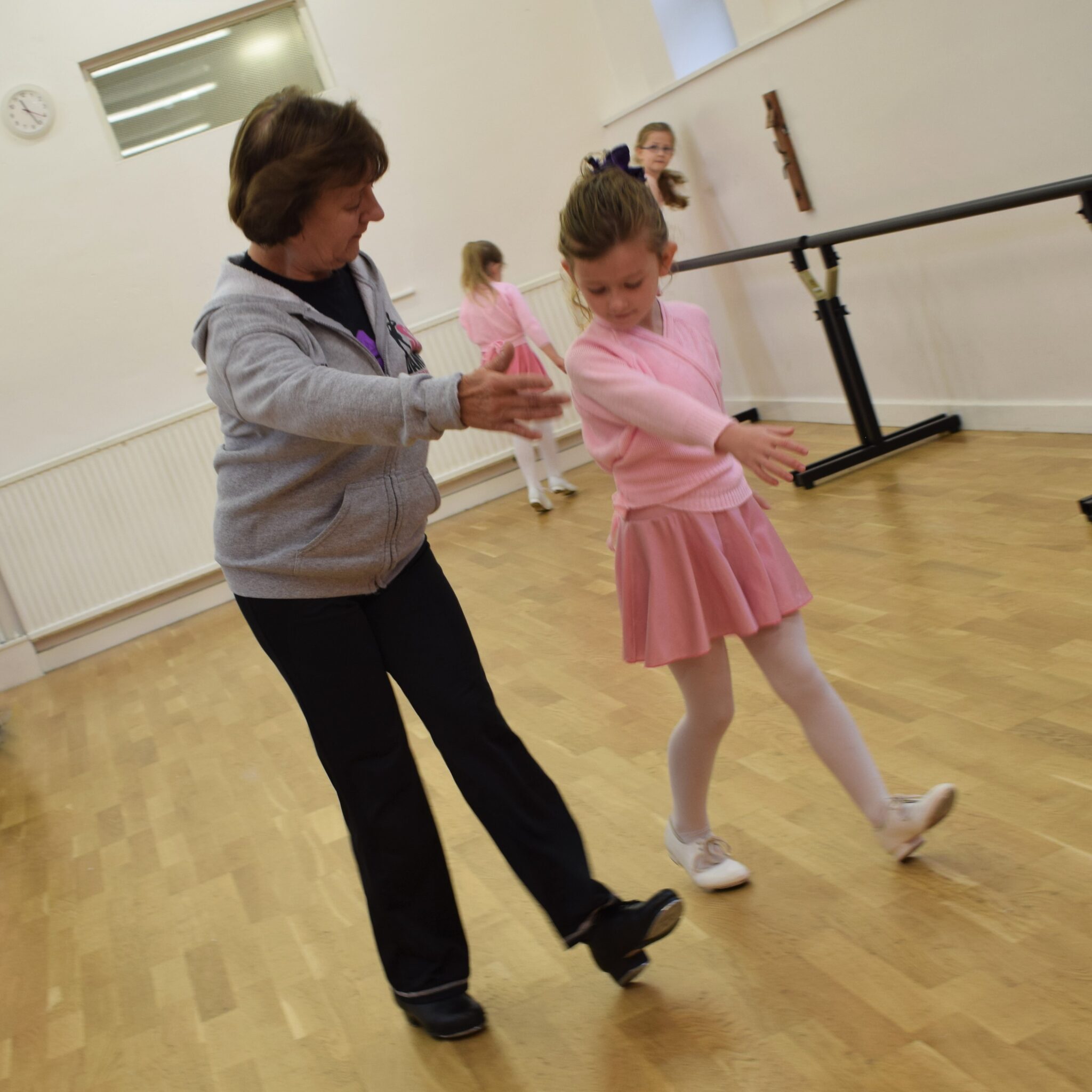 Miss Susan teaching a young tap dancer at SK Dance Studio, Shevington, Wigan